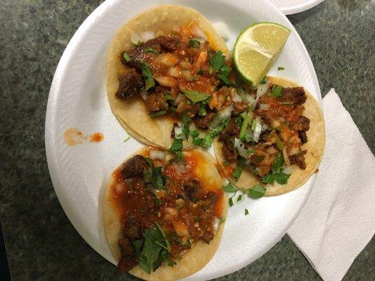 Al pastor tacos $1.50 each! Red sauce is spicy & yummy