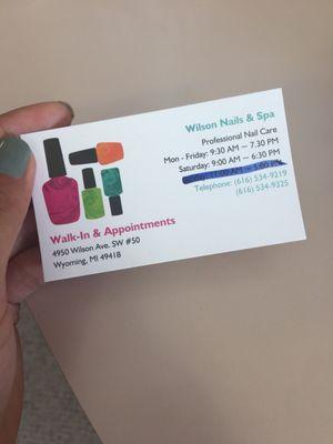 Business card with hours.