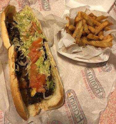 Steak and Cheese Hot Sub and fries