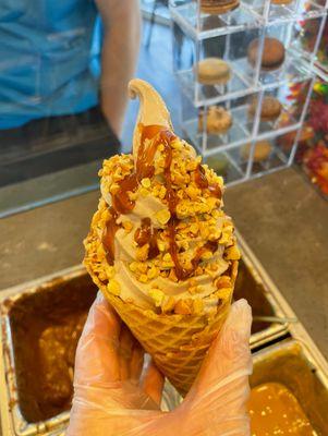 Salted Caramel Frozen Yogurt, Peanuts, Caramel Sauce, Waffle Cone