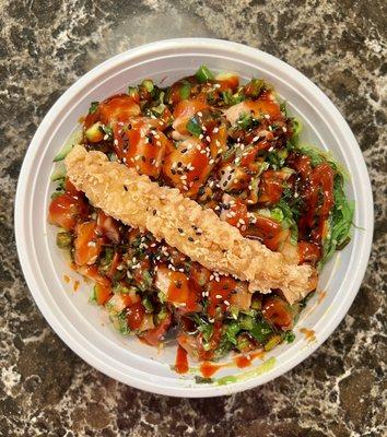 salmon and shrimp tempura poke bowl