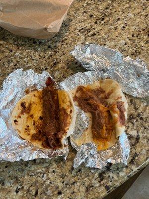 Not very filled tacos (chorizo and bean and bacon and bean & cheese)