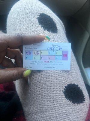 Punch card after the 6th Massage the 7th is free