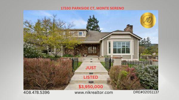 JUST LISTED in Monte Sereno with Los Gatos Schools.