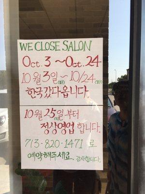 They're closed until October 24th because they went to Korea.