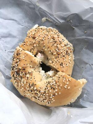 Everything bagel with olive pimento cream cheese. (Took a bite before taking the pic because I couldn't wait lol!)