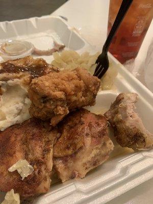 Baked chicken, fried chicken cabbage and mashed potatoes with gravy