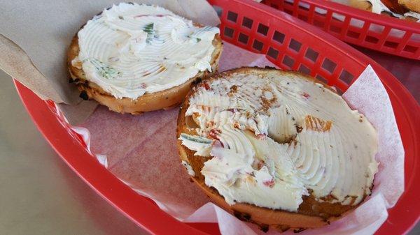 Onion bagel, jalapeno cream cheese