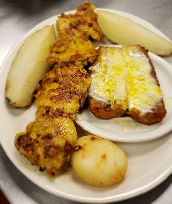 Colombian Chicken kabob , corncake , sweet platian and cheese , baked potatoe