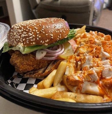 Crispy Chicken Sandwich Combo w/Kiki's Fries with Chicken plus garlic