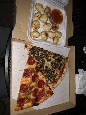 Mushroom slice and Joe's slice with garlic knots