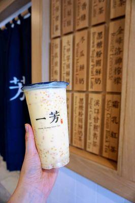 Mango Pomelo Sago: classic mango smoothie made with fresh mango, mango jam, coconut, and topped with grapefruit pulp and chewy sago ($6.80).