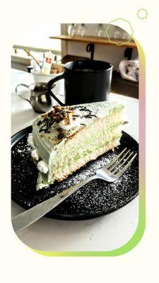 Pistachio layer cake and dark roasted coffee