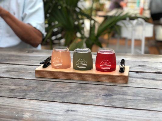 Flight of 3 tasters.  From left to right: Blood Orange Mint, Midnight Painkiller, Hibiscus Lime