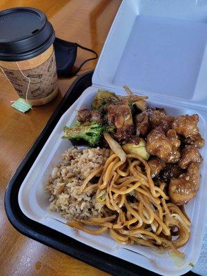 Combination plate; rice/chow mein, orange chicken and chicken teriyaki.