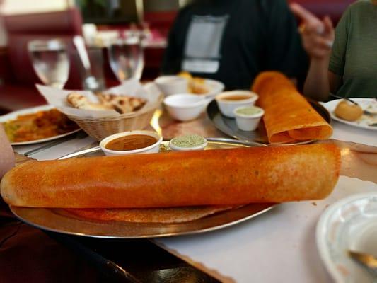 Mysore masala dosa with coconut chutney and sambar