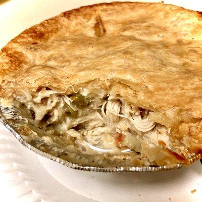 Cutaway view of the chicken pot pie from hot deli, quite meaty, makes satisfying meal. Nice.