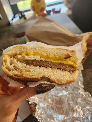 Sausage, egg & cheese on a roll