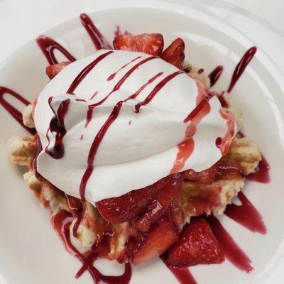 Strawberry shortcake on a southern style biscuit waffle