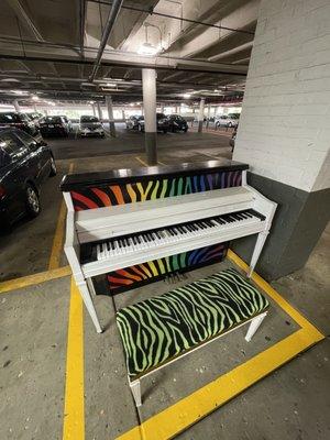 I love this zebra piano in the indoor parking garage