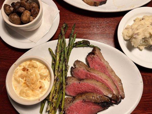 Smoked Sirloin, Mac and Cheese, Grilled Asparagus, Mashed Potatoes, Sauteed Mushrooms