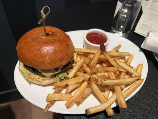 Happy hour burger and fries.