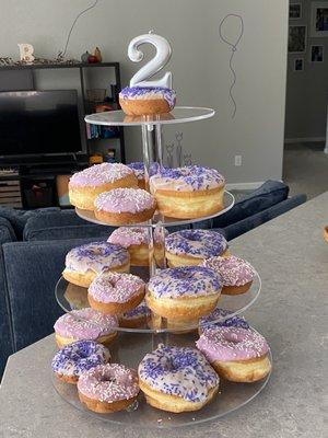 Special order purple frosting and purple sprinkle donuts.