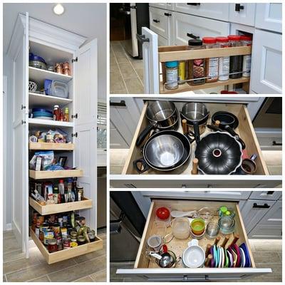 Rev-A-Shelf storage options make kitchen organizing easy. Soft close drawers + peg organizers for pots and pans...