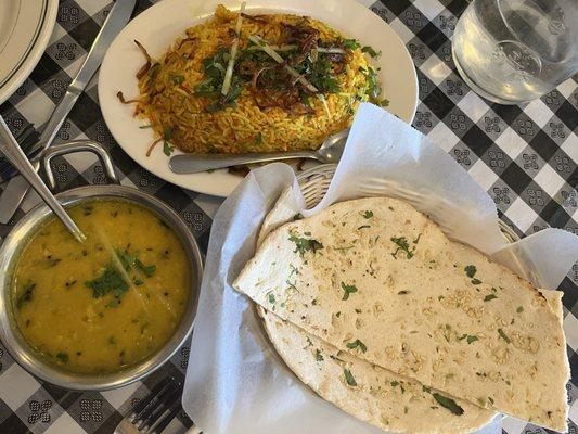 Lasooni Dal Tarka, Gluten Free Garlic Naan, Vegan veg biriyani