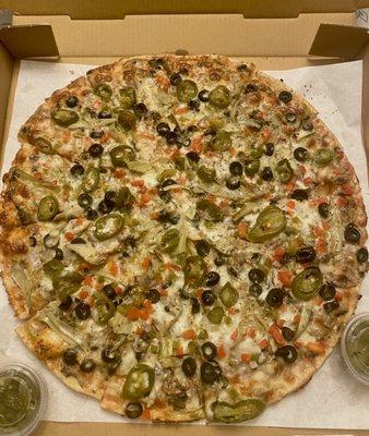 Veggie pizza with Jalapeños:)))