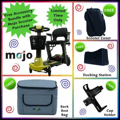 This Mojo Accessories Bundle is FREE with purchase of a Mojo Auto Fold Mobility Scooter ($400 Value). Offer Good Until April 15th, 2024.