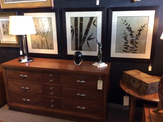 Dresser Mid-Century United Furniture c1960s - $599 Set of 3 Printed Leaf signed - $499 Metalcarte Glass & Chrome Table Lamp Spain c1930s - $