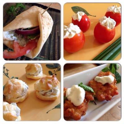 Pork gyro, cherry tomatoes stuffed with Boursin, Gougeres stuffed with Boursin, vegetable fritters