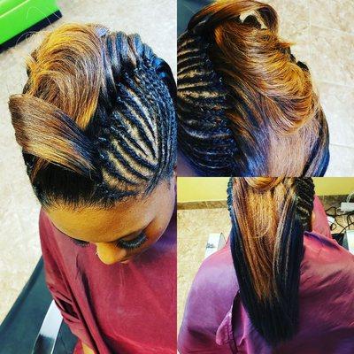 Blonde and black braiding style, all natural hair.