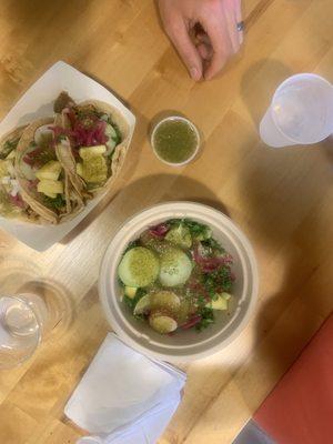 Al pastor tacos and braised pork bowl with extra toppings from the condiment bar!