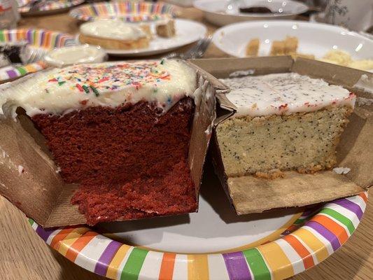 Red velvet cake, lemon poppy cake