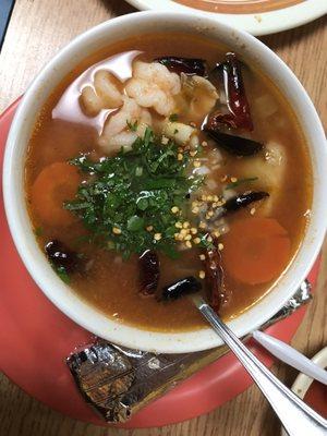 A spicy seafood soup with fish, oyster, octopus and shrimp