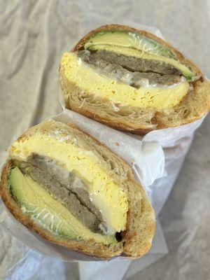 Eggs, sausage, avocado croissant sandwich The best!!