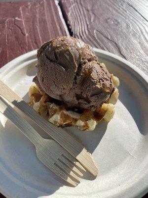 Chocolate ice cream on liege waffle