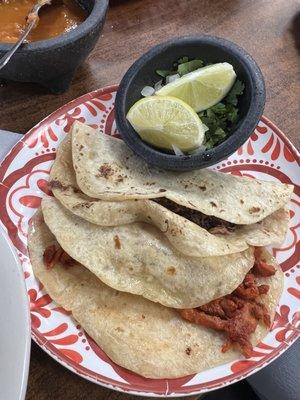 2 flour tacos (pastor and barbacoa)