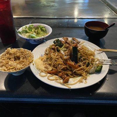 Fried rice, noodles, chicken and vegetables hibachi style. Plus salad with ginger dressing and miso soup. Delicious!