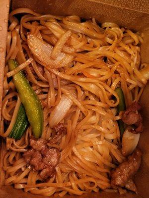 beef flat noodles - not fully cooked (see the white noodle parts) and literally 3 pieces of beef.