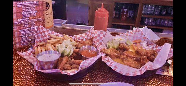 Fried shrimp  basket habanero hot  wings (not dry like other places )