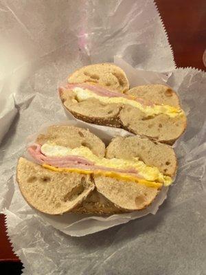 Ham and cheese and egg with bagel