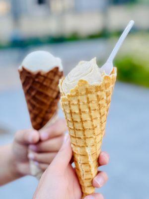 Seasonal Pumpkin Pie with Vanilla Waffle Cone and Vanilla with Chocolate Waffle Cone