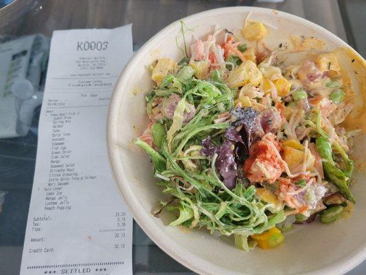 Poke Bowl Pick 3 with extra spicy tuna and salmon option.