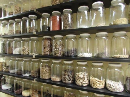 These jars contain some of the many raw herbs used in Traditional Chinese Medicine.