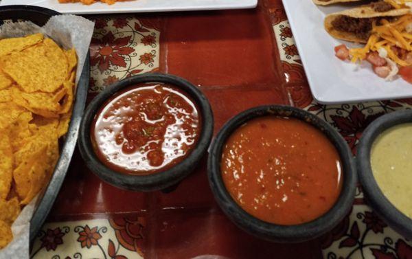 The three salsas they ultimately brought us - three different heat levels.