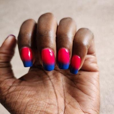 Ombre on natural nails. Was supposed to be hot pink and turquoise, but still looks good.