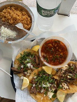 Birria tacos, rice and beans